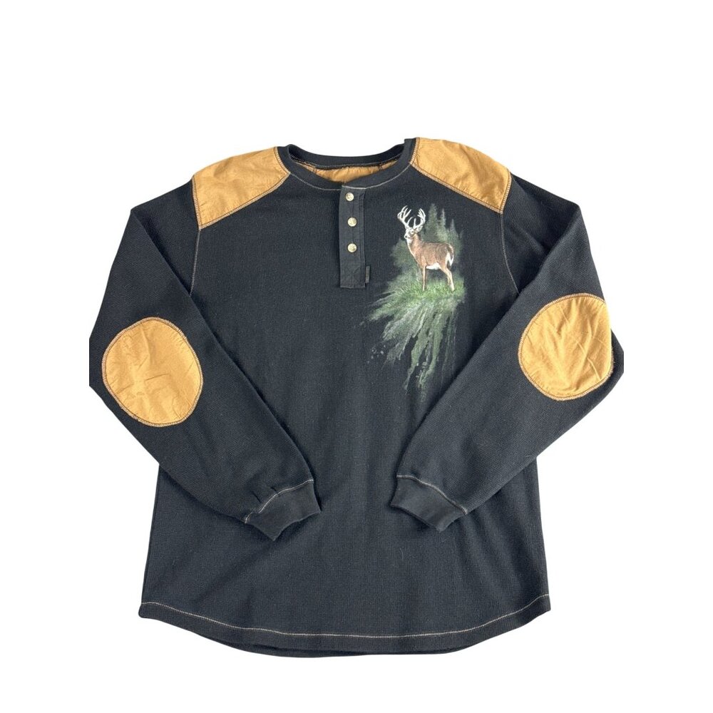 Legendary Whitetails Deer Graphic Henley Shirt Mens L Black Tan Elbow Patch